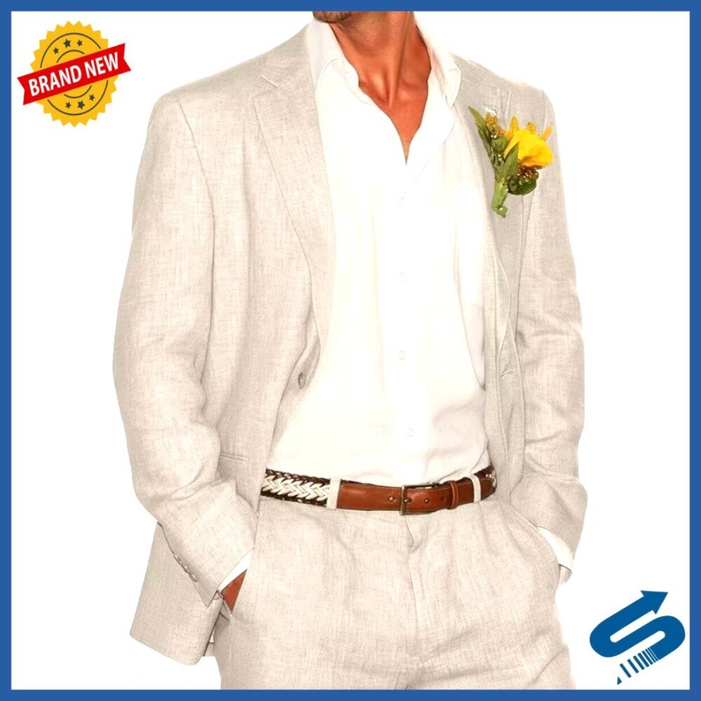 Slim Fit Linen Suit Blazer Pants Set for Wedding Business Summer